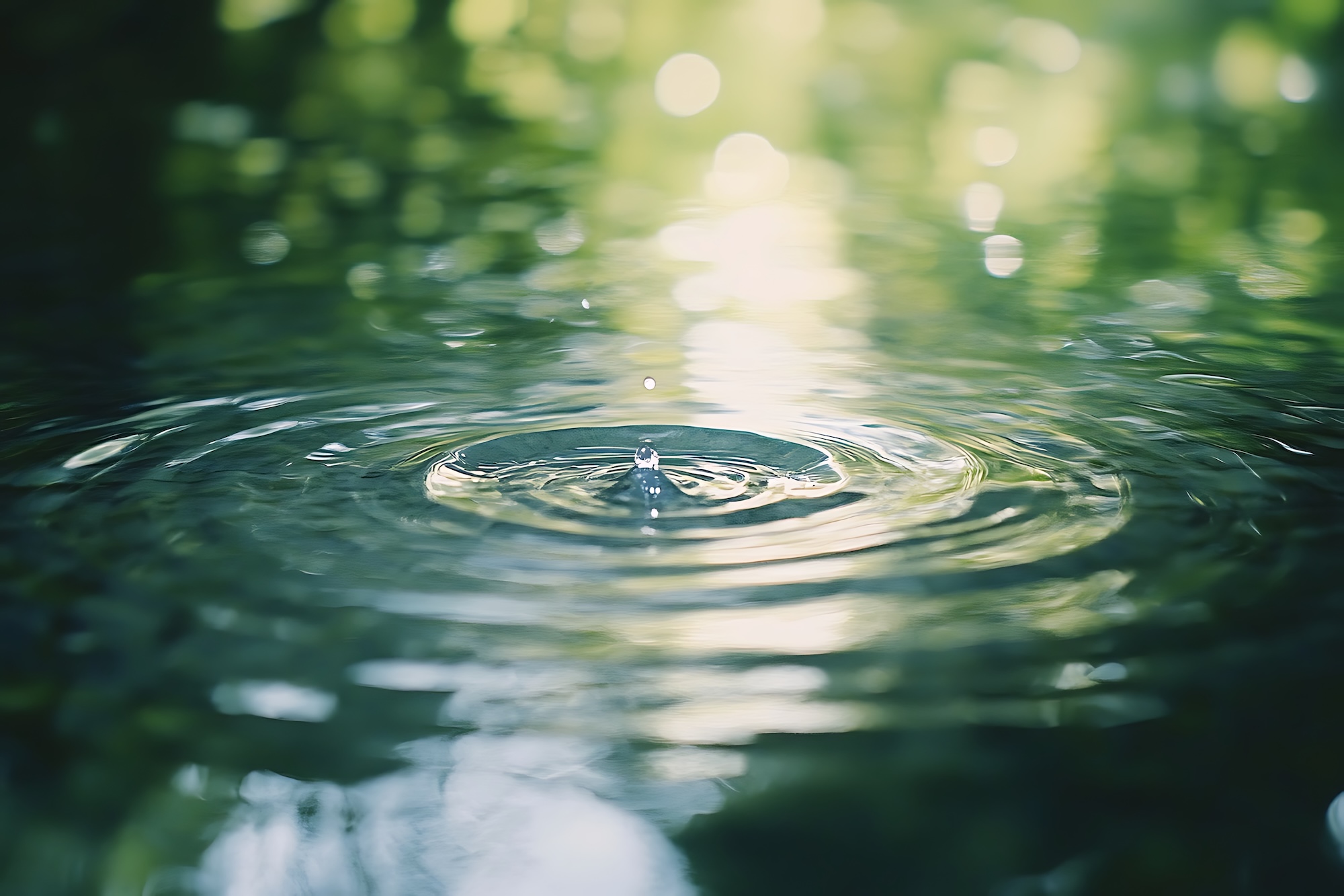 Water droplet creating ripples in water, with blurred green background.
