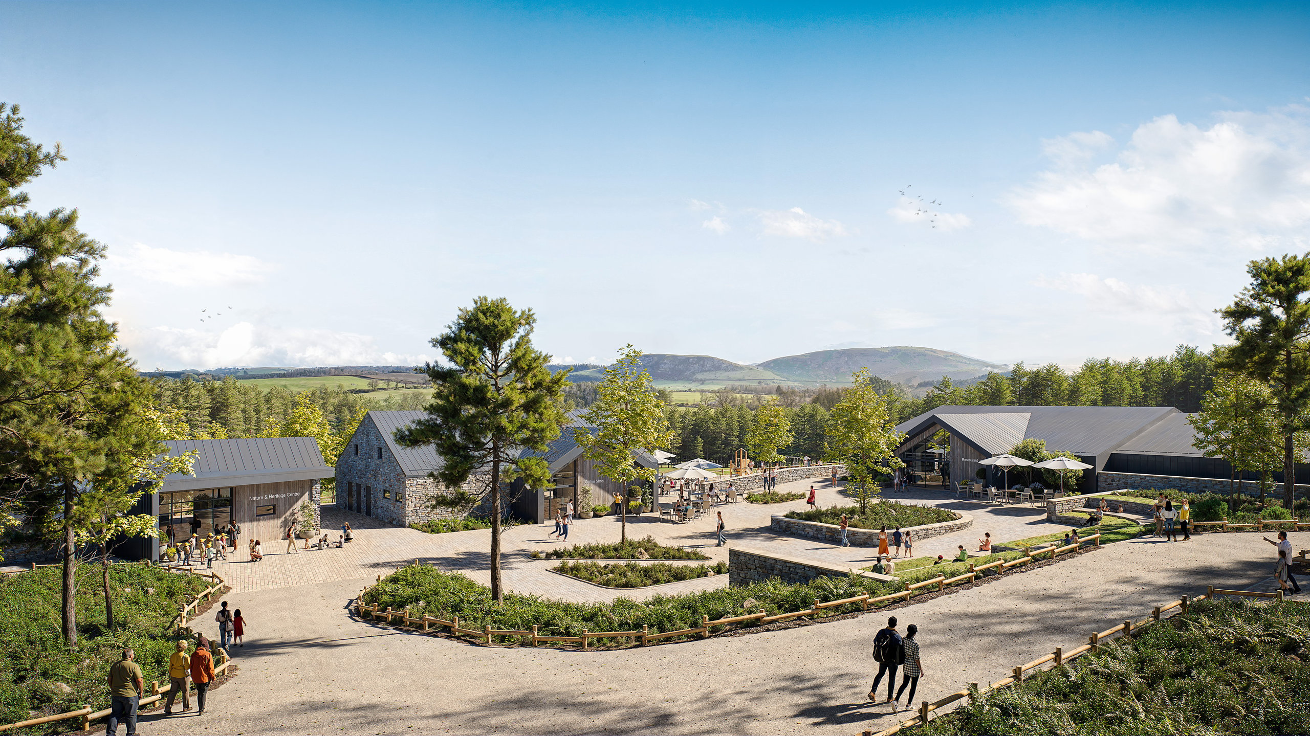 Village with stone buildings, green space, people, and trees.