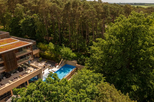 Hotel with a swimming pool surrounded by trees.