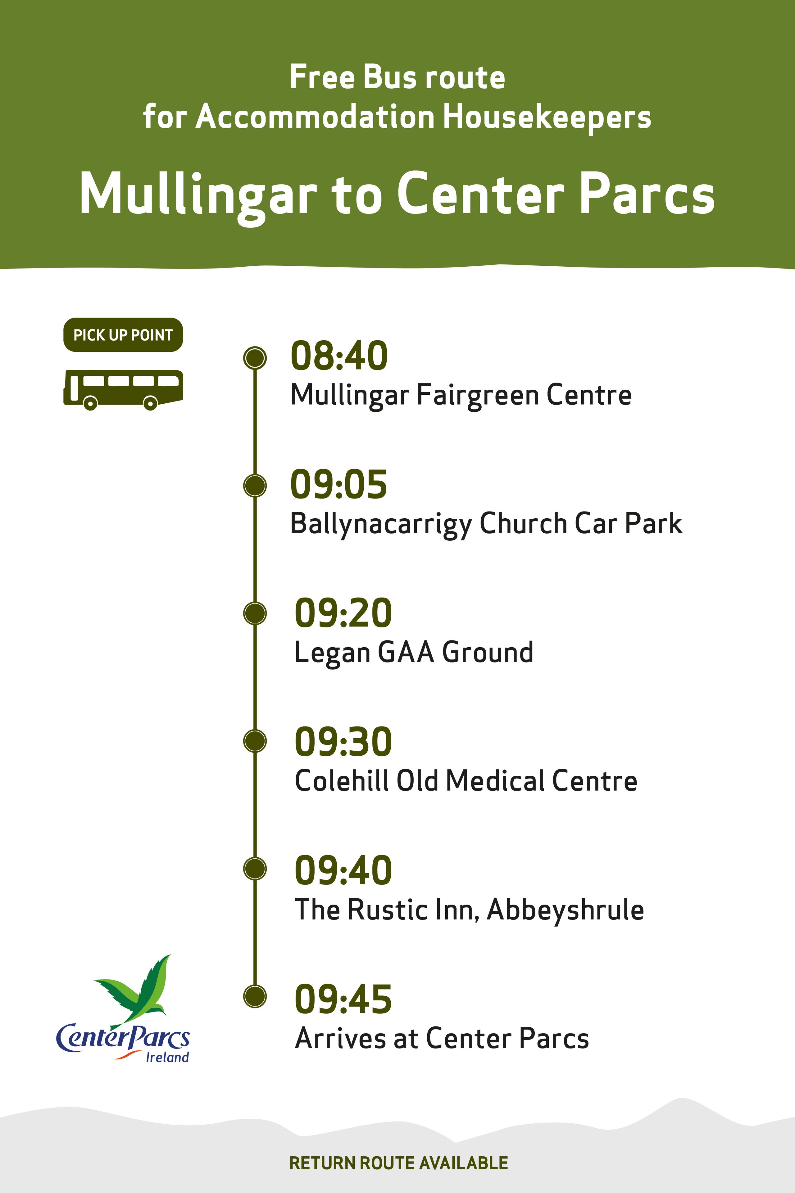 A bus schedule for accommodation housekeepers traveling from Mullingar to Center Parcs.