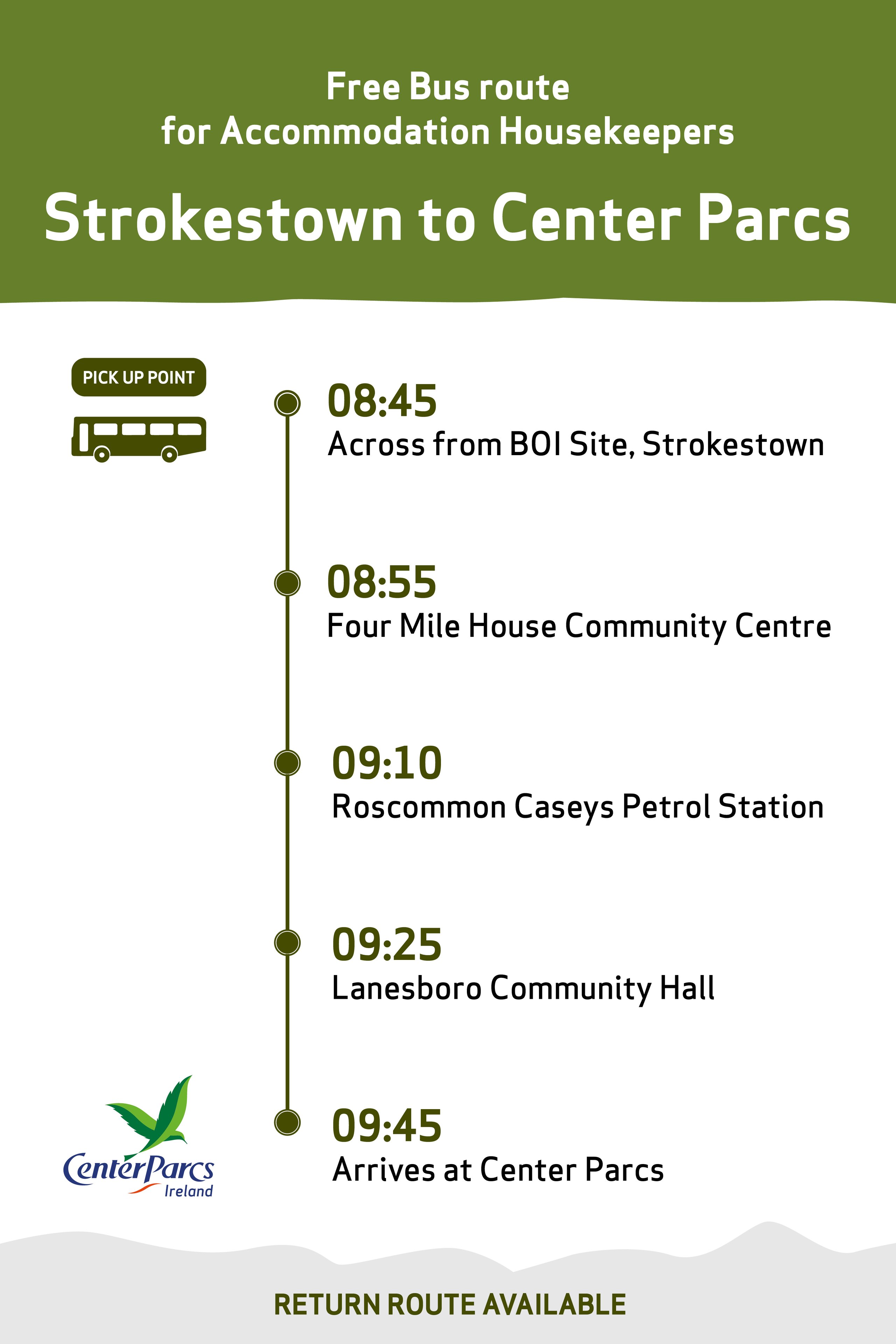 Bus schedule from Strokestown to Center Parcs for housekeepers with stops and arrival times.