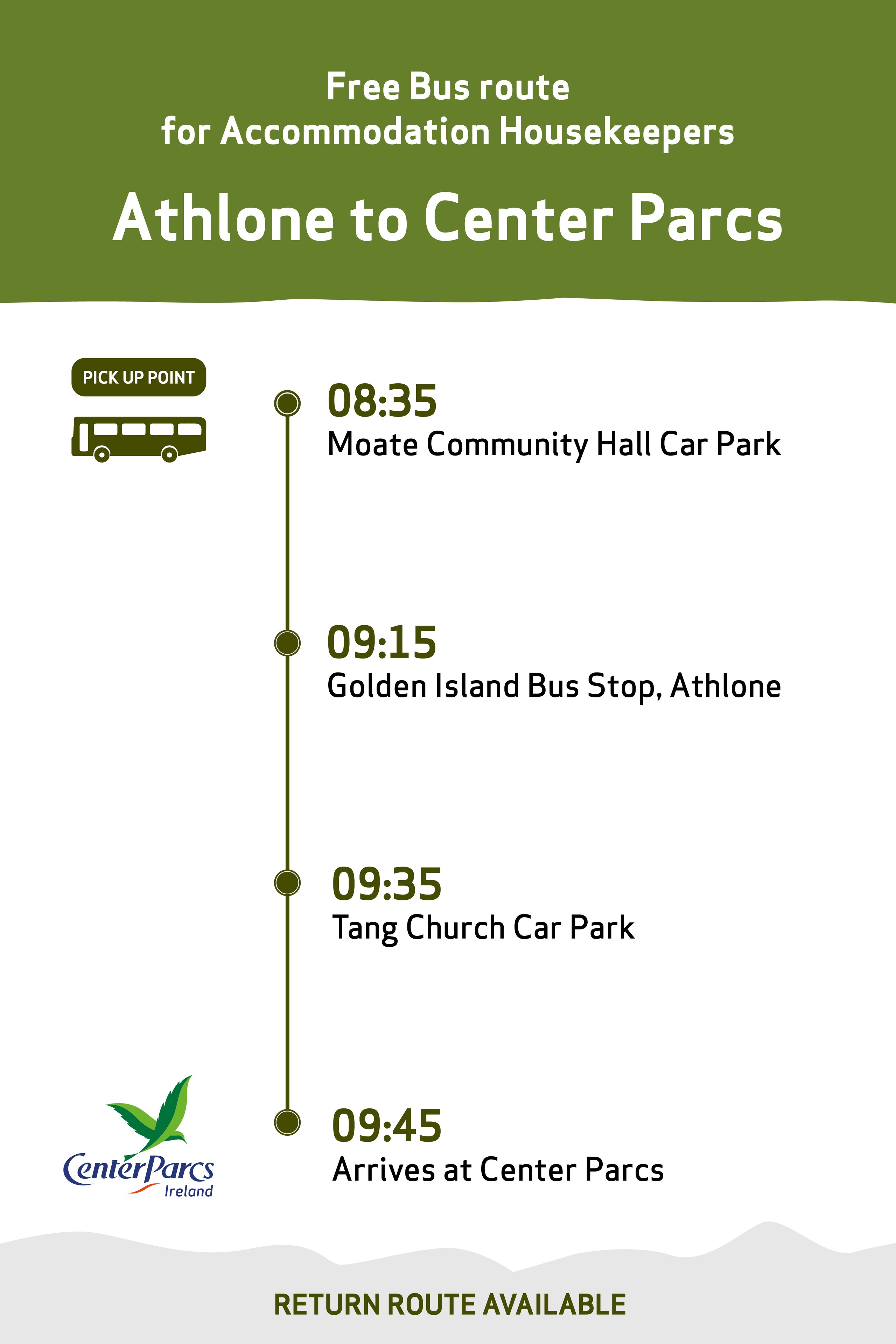 Bus schedule for Center Parcs housekeepers with pickup times and locations from Athlone to the resort.