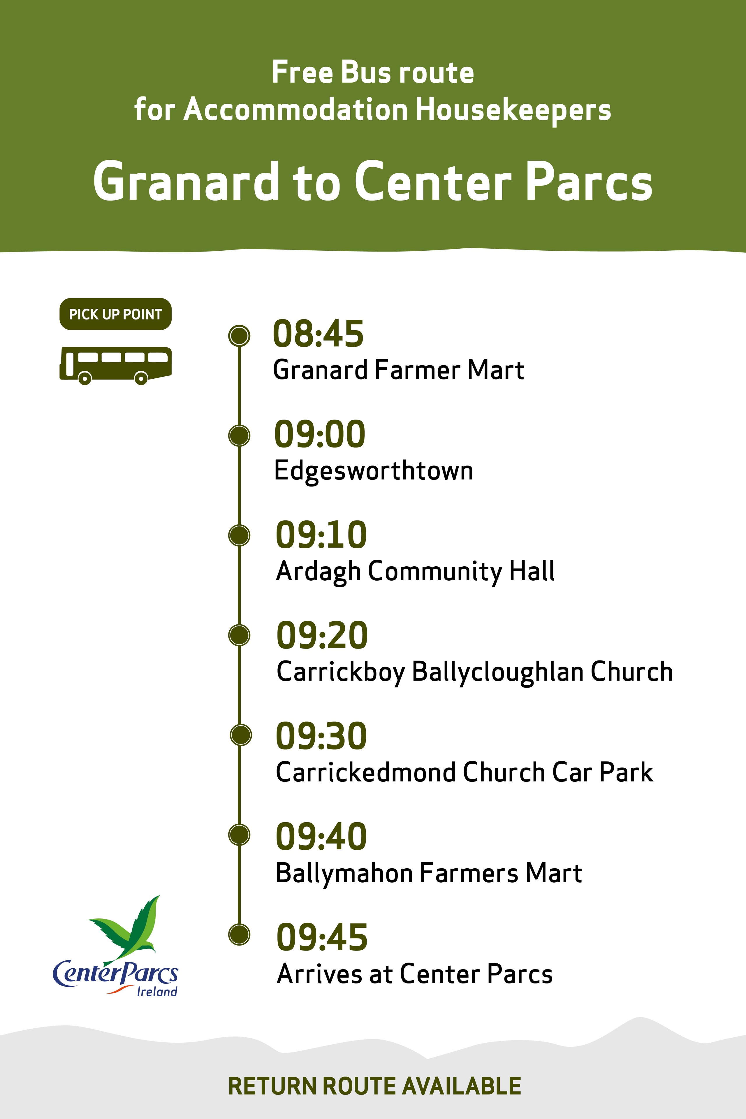 Schedule for a free bus route from Granard to Center Parcs Ireland with multiple pickup points.